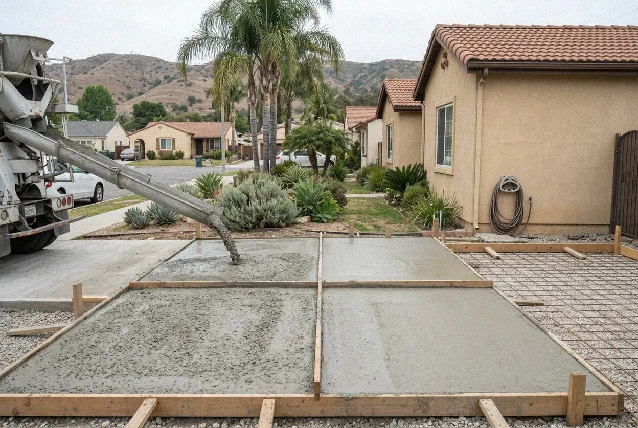 A driveway pour at a 1950s cottage off Pioneer Boulevard in Artesia