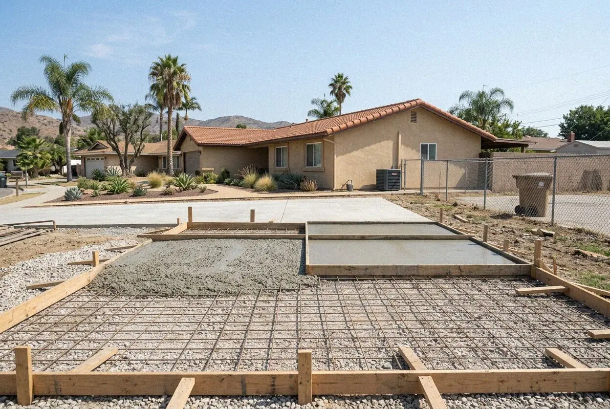 A crew forming a new driveway at a 1950s ranch house in Buena Park
