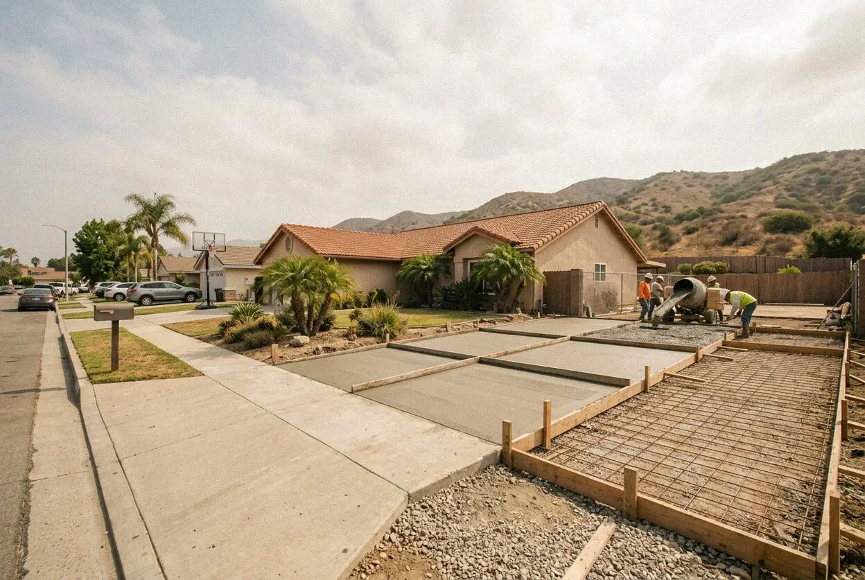 A new driveway at a two-story 1970s tract house on a Cerritos street