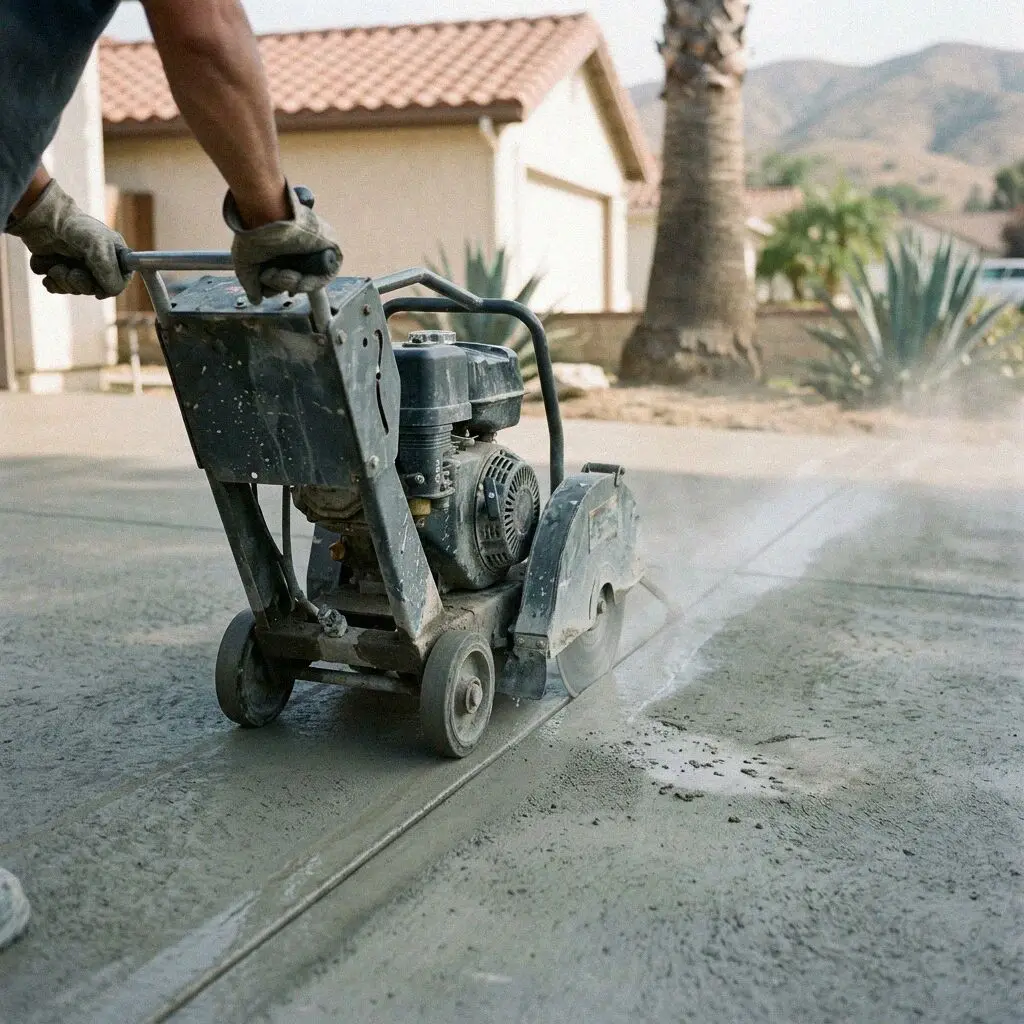 Diamond blade running a wet cut across a house slab in Fullerton