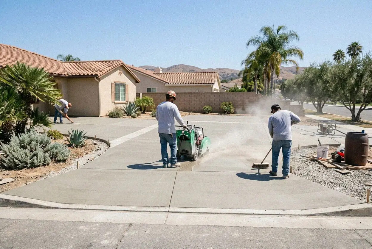 Walk-behind saw cutting a garage slab at a home in Fullerton, CA