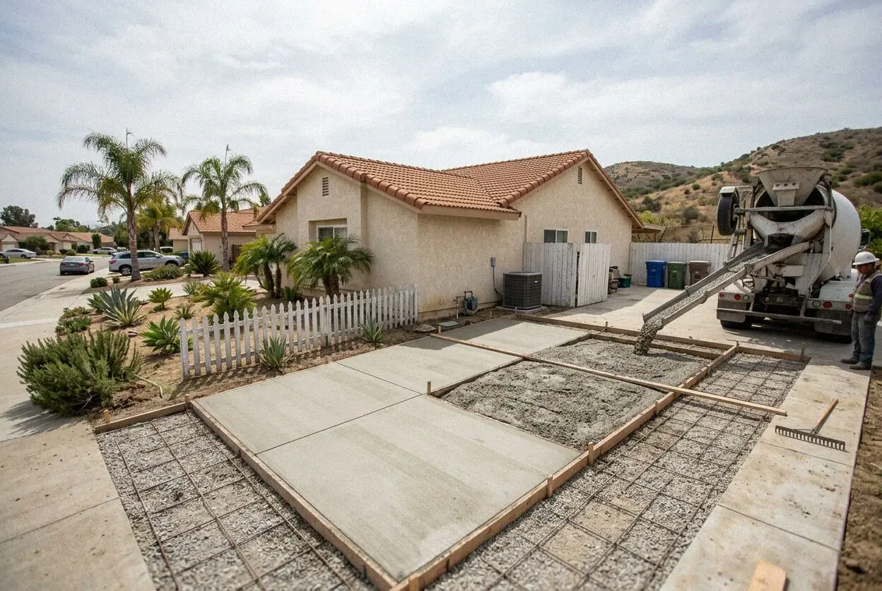 A patio slab being floated behind a 1960s house on a Cypress cul-de-sac