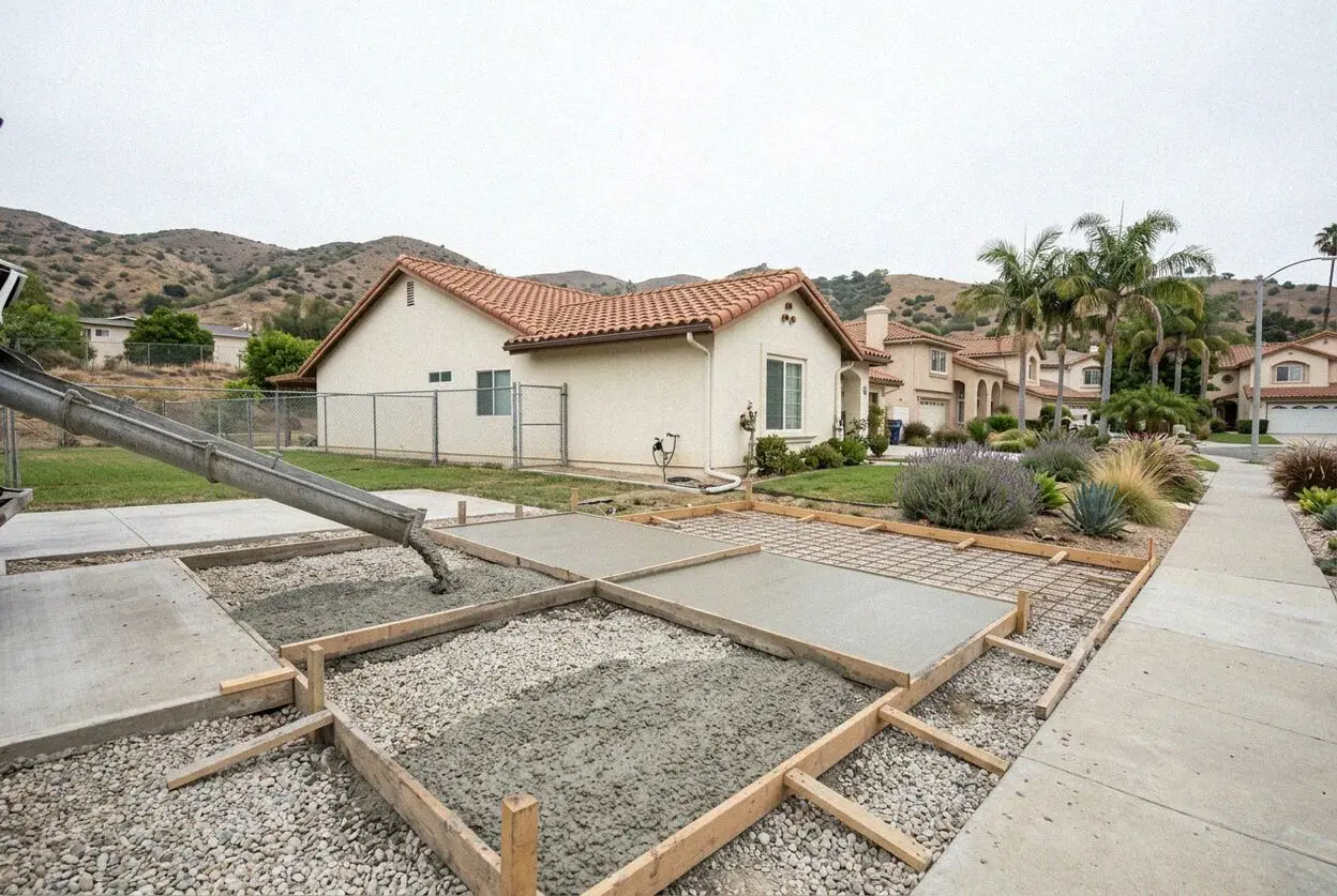 A new patio on a hillside tract lot in Diamond Bar, the slope behind it