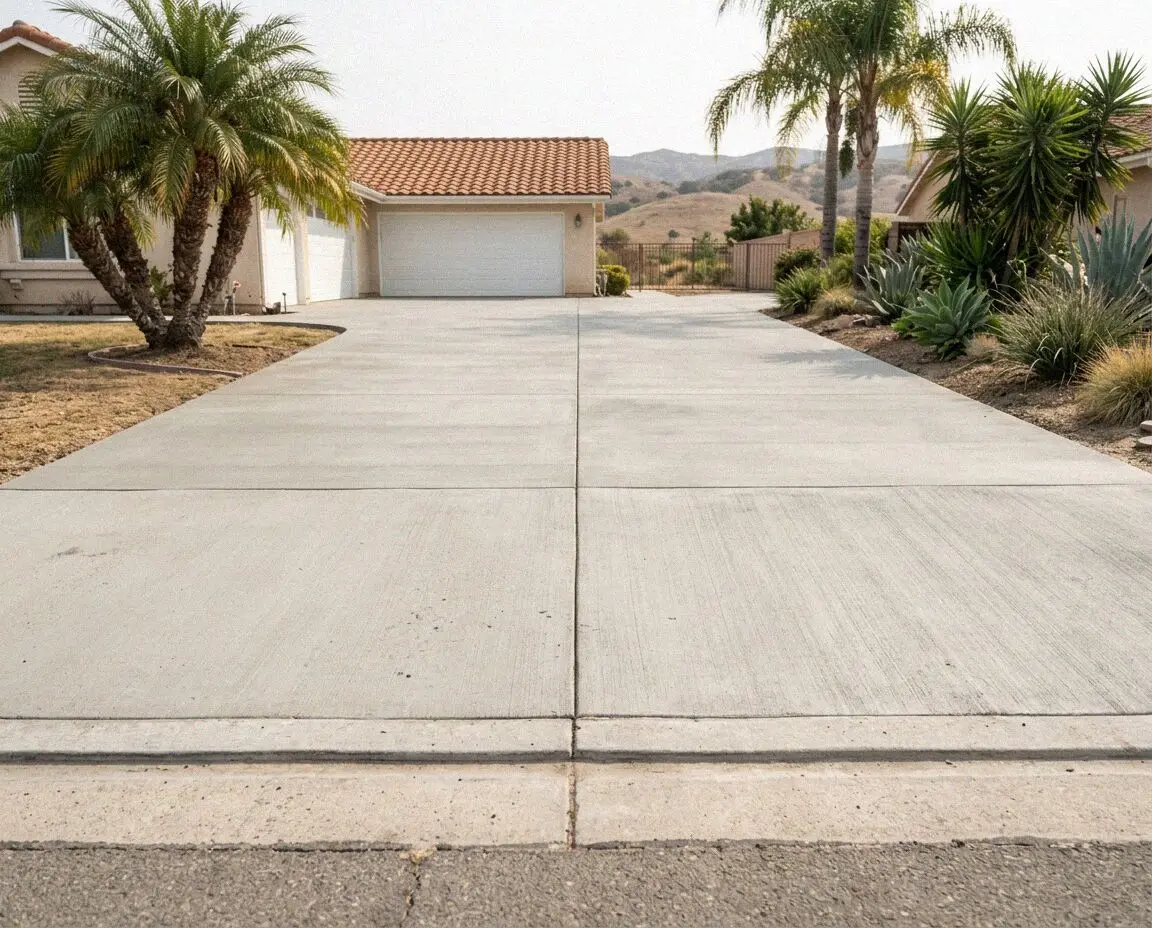 Finished concrete driveway at a postwar tract home in Fullerton, CA