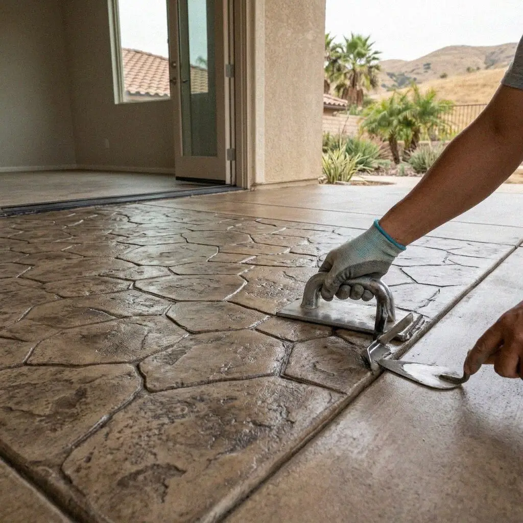 Trowel closing a new interior slab against an old floor edge, Fullerton