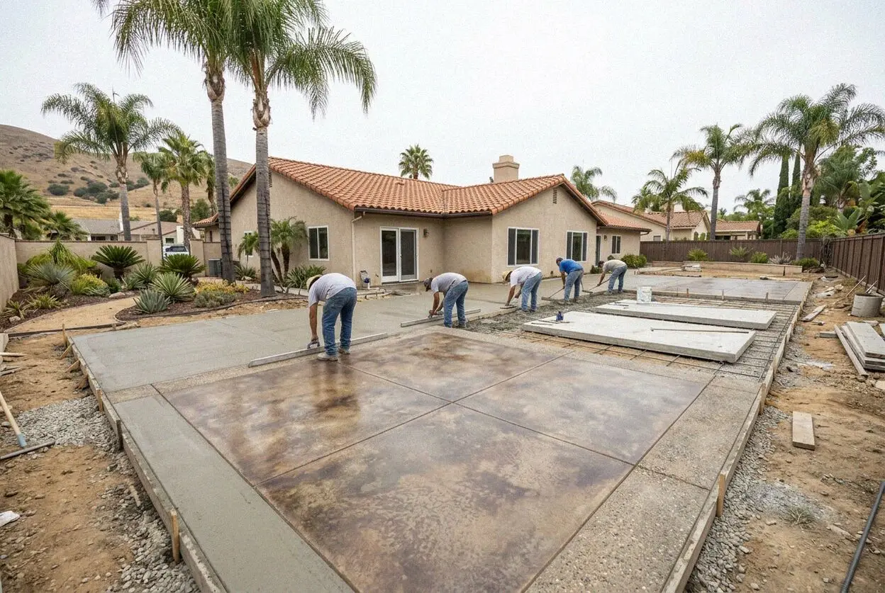 Crew screeding a new interior concrete floor in a Fullerton, CA room addition