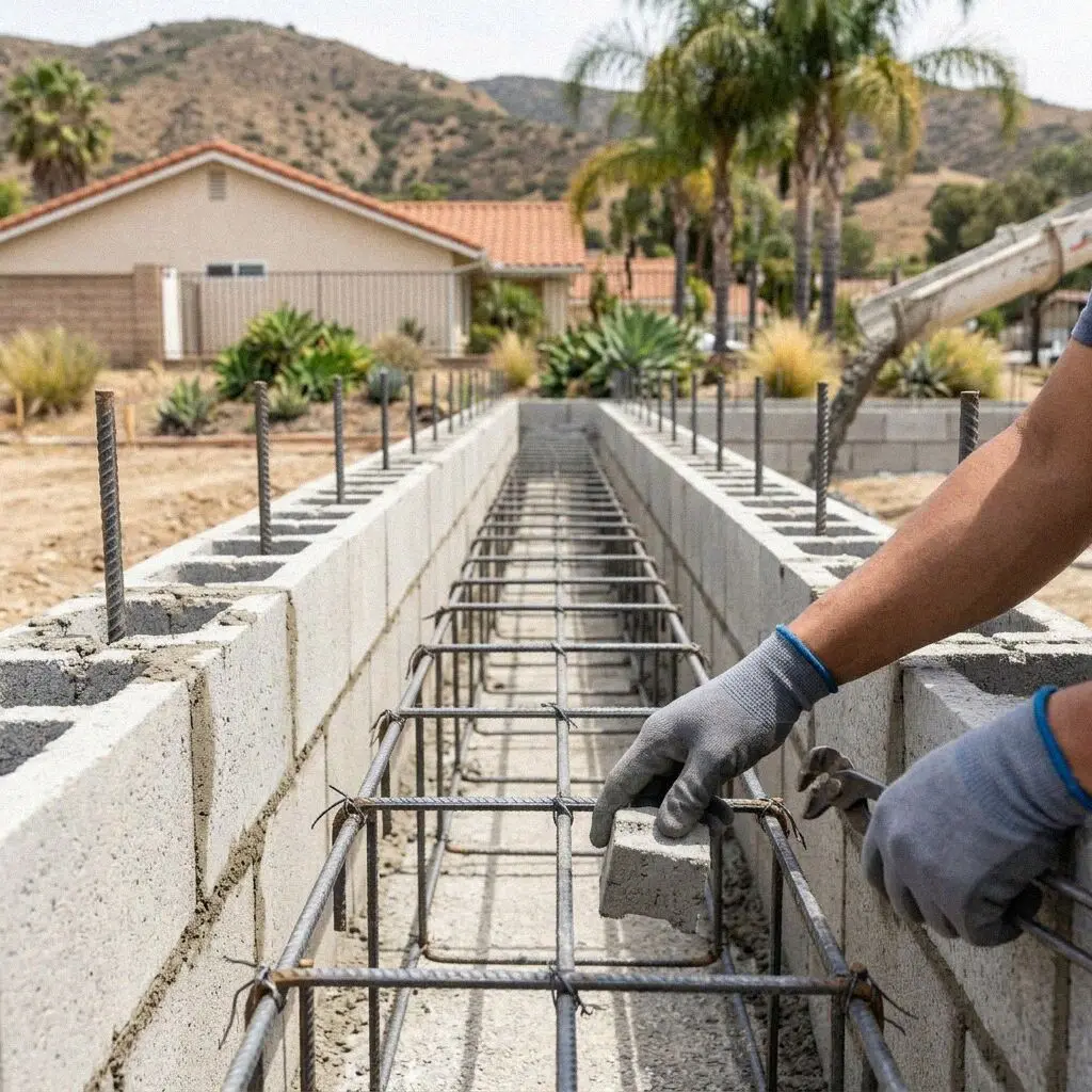 Hands tying rebar dowels in an open footing trench in Fullerton, CA
