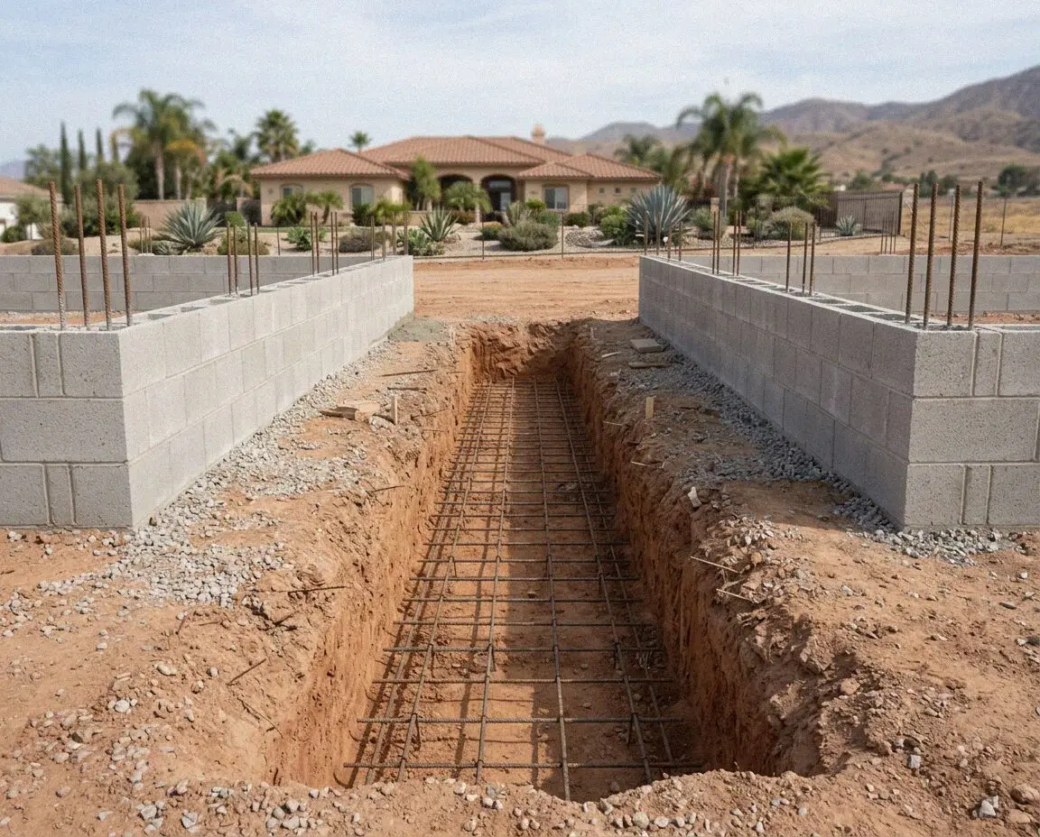 Rebar cage in an open footing trench before the pour in Fullerton, CA