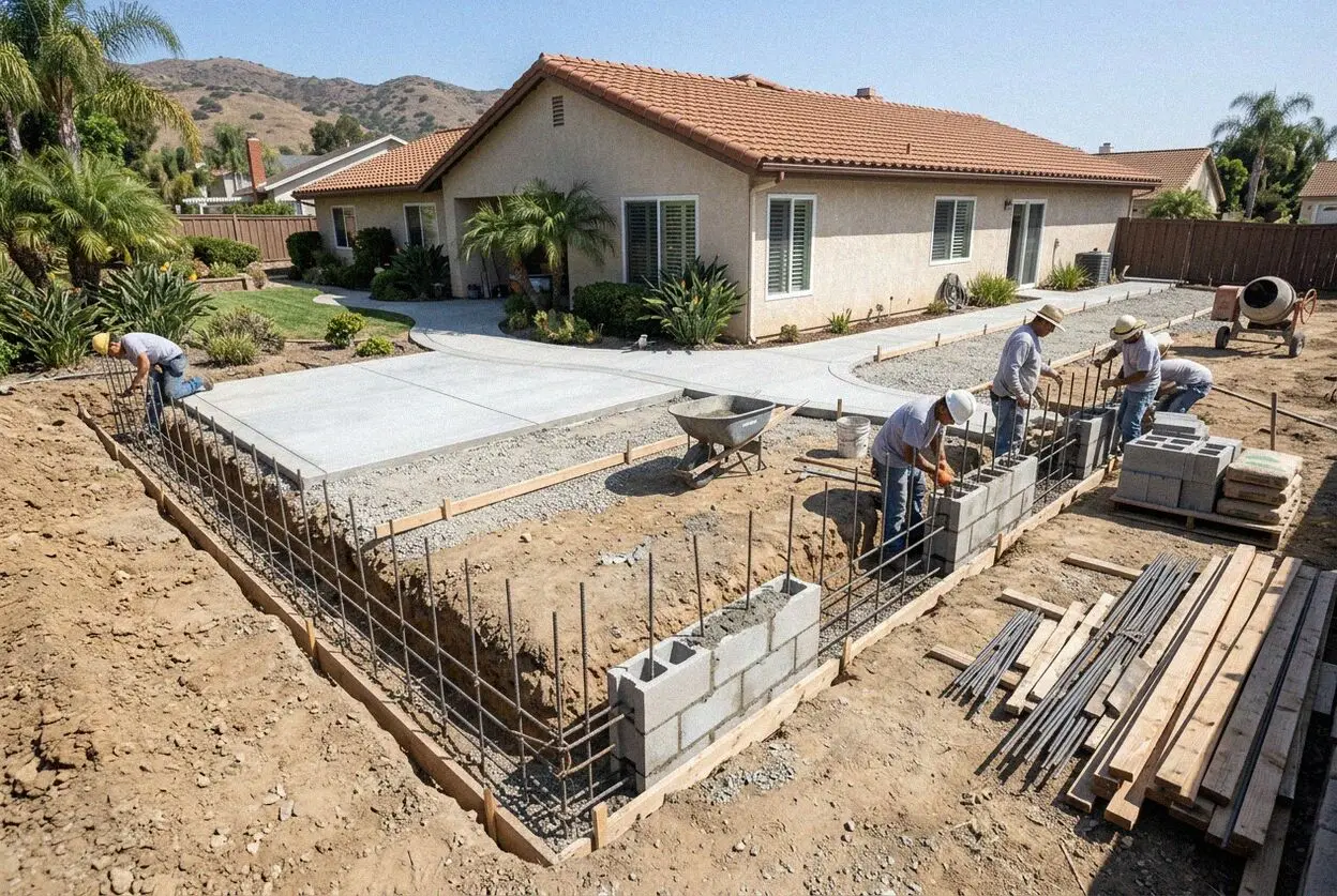 Crew tying a rebar cage in an open footing trench at a Fullerton, CA home
