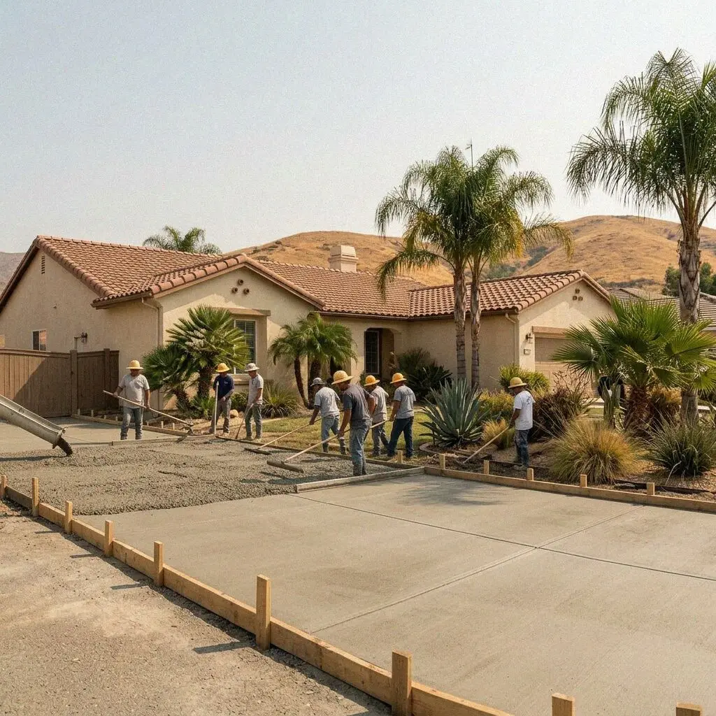 Crew troweling a fresh concrete slab at a Fullerton house