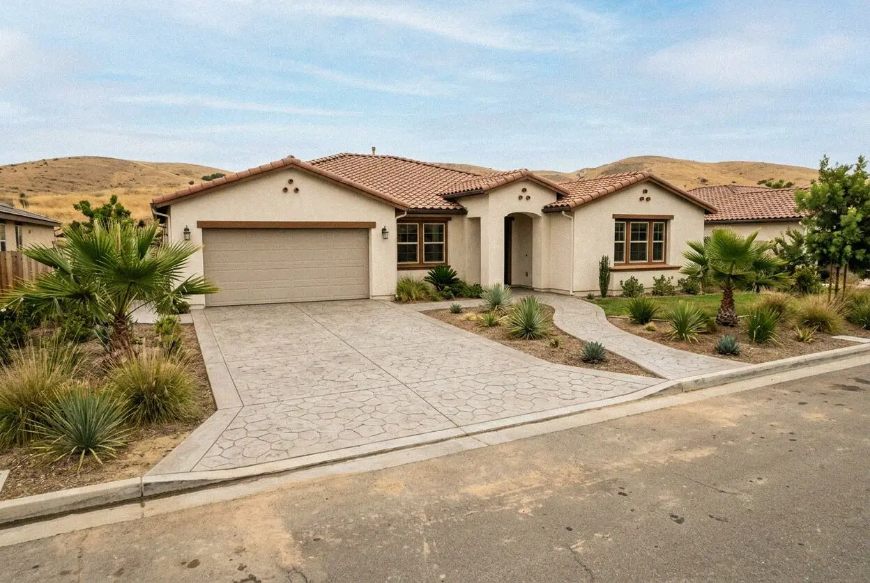 Finished concrete driveway at a postwar tract home in Fullerton