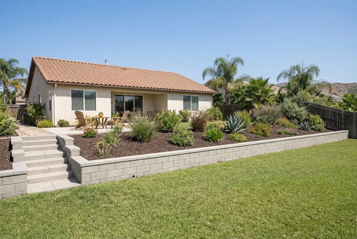 Poured concrete retaining wall on a Raymond Hills slope in Fullerton
