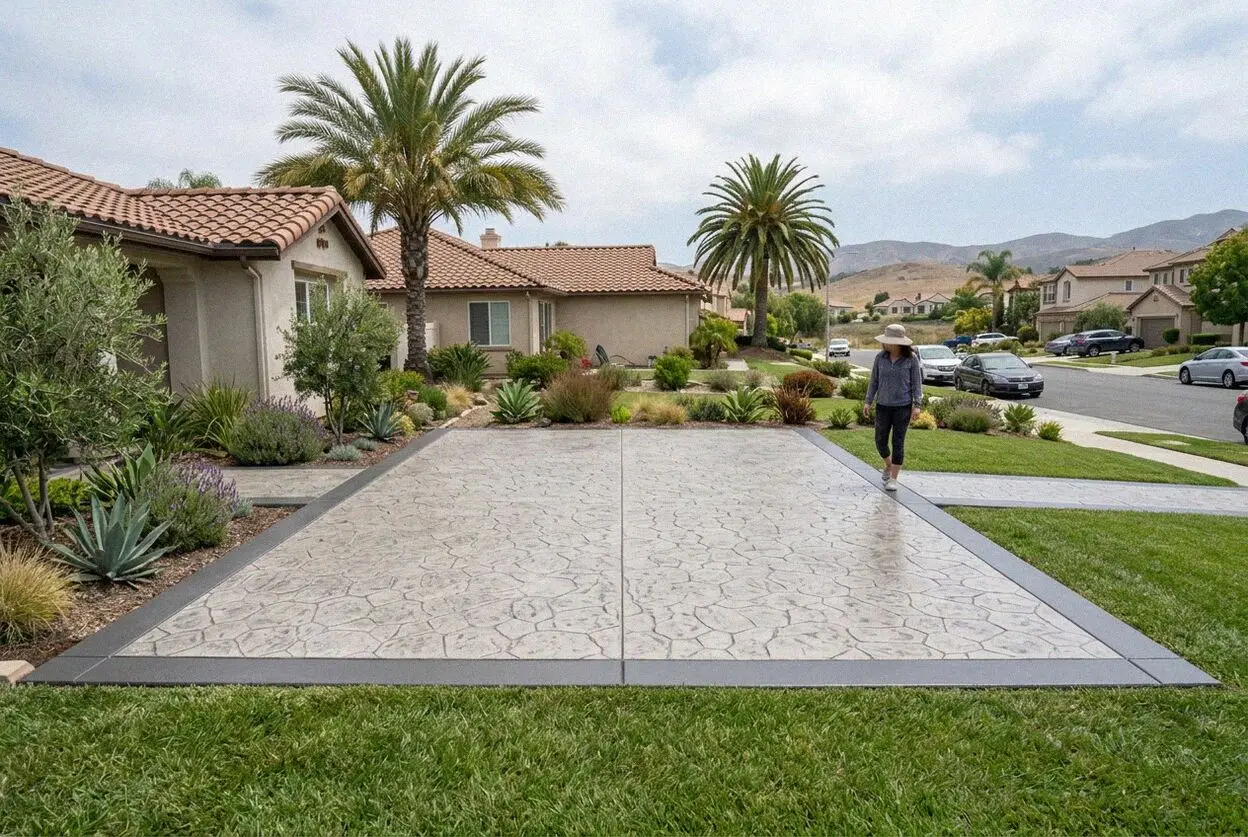 Stamped concrete patio behind an Amerige Heights home in Fullerton