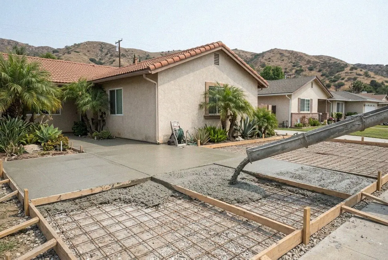 A new driveway running down the side of a small lot in Hawaiian Gardens