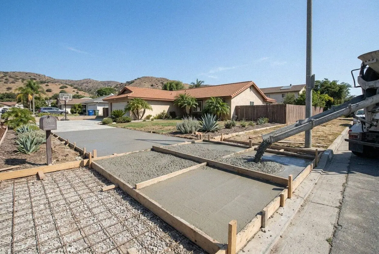 A concrete driveway climbing to a house on an acre in La Habra Heights