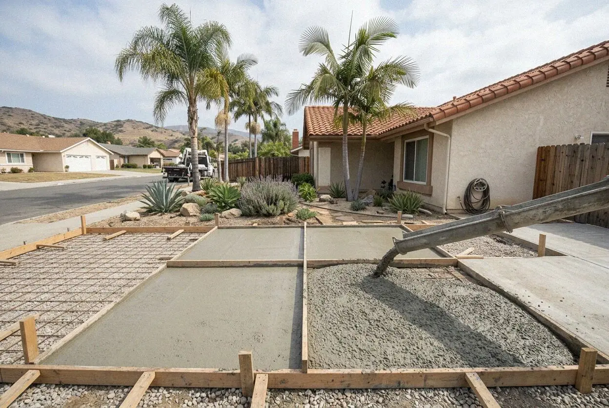A crew replacing the driveway of a 1950s ranch house in La Mirada