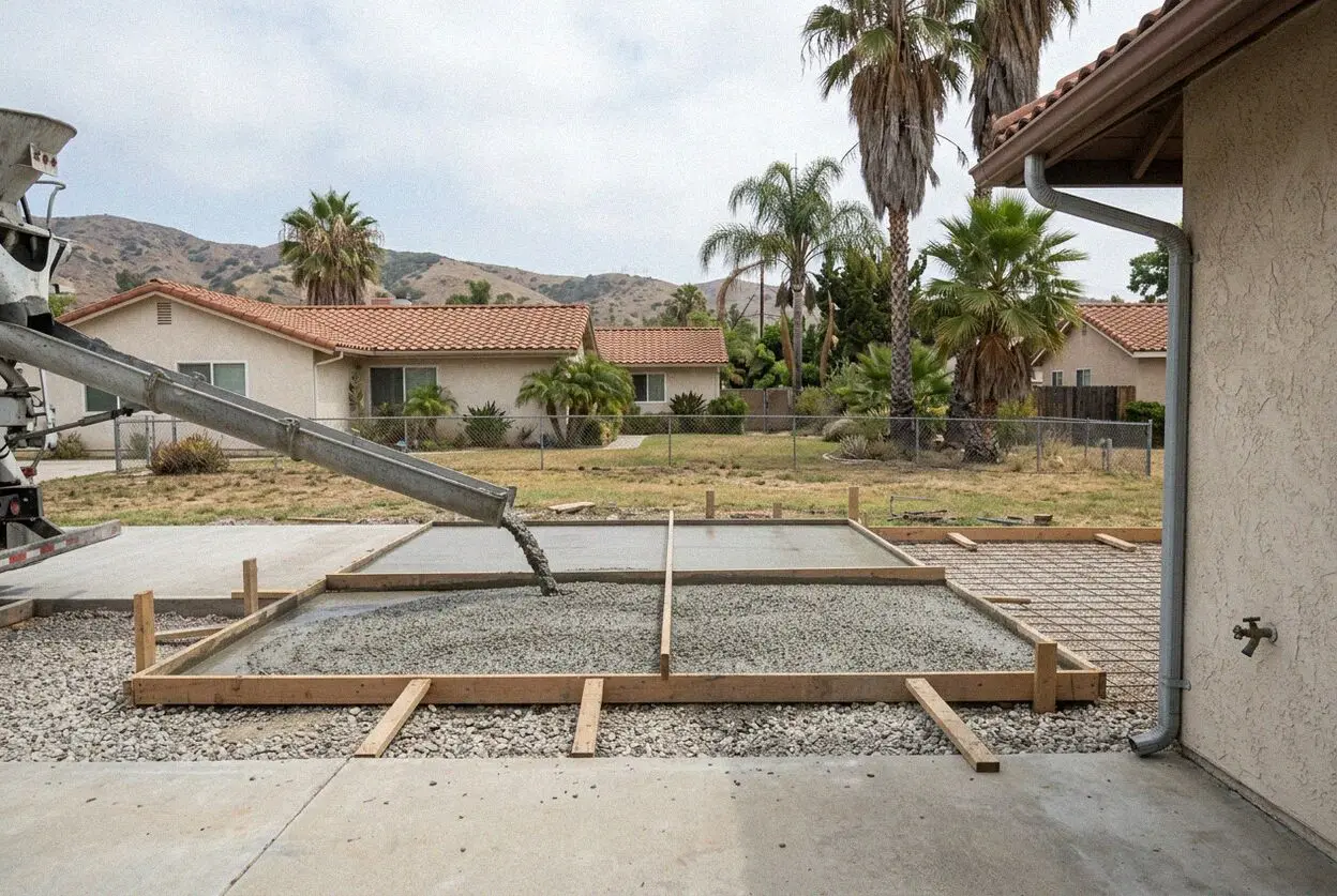 A driveway being re-poured at a 1970s tract home on a La Palma street