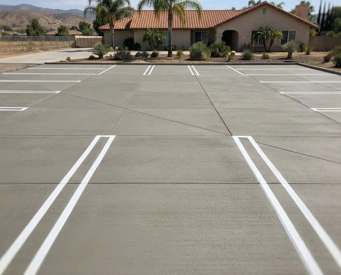 Newly poured concrete parking lot with fresh striping in Fullerton, CA