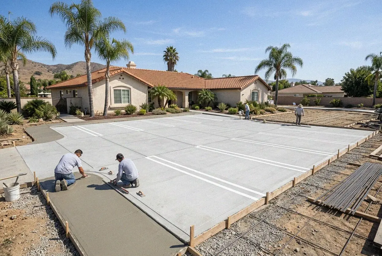 Concrete crew screeding a fresh parking lot pour at a Fullerton, CA business