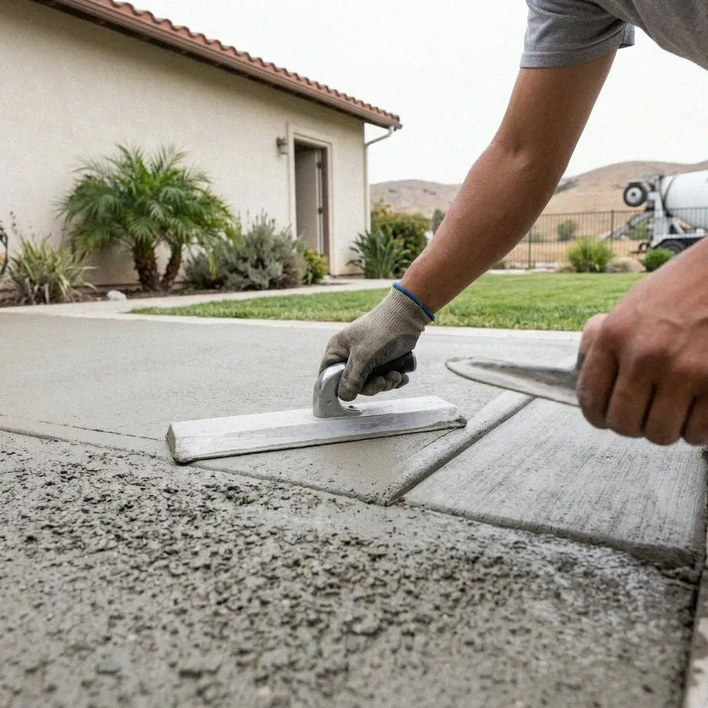 Finishers brooming a new back-garden patio slab in Fullerton, CA