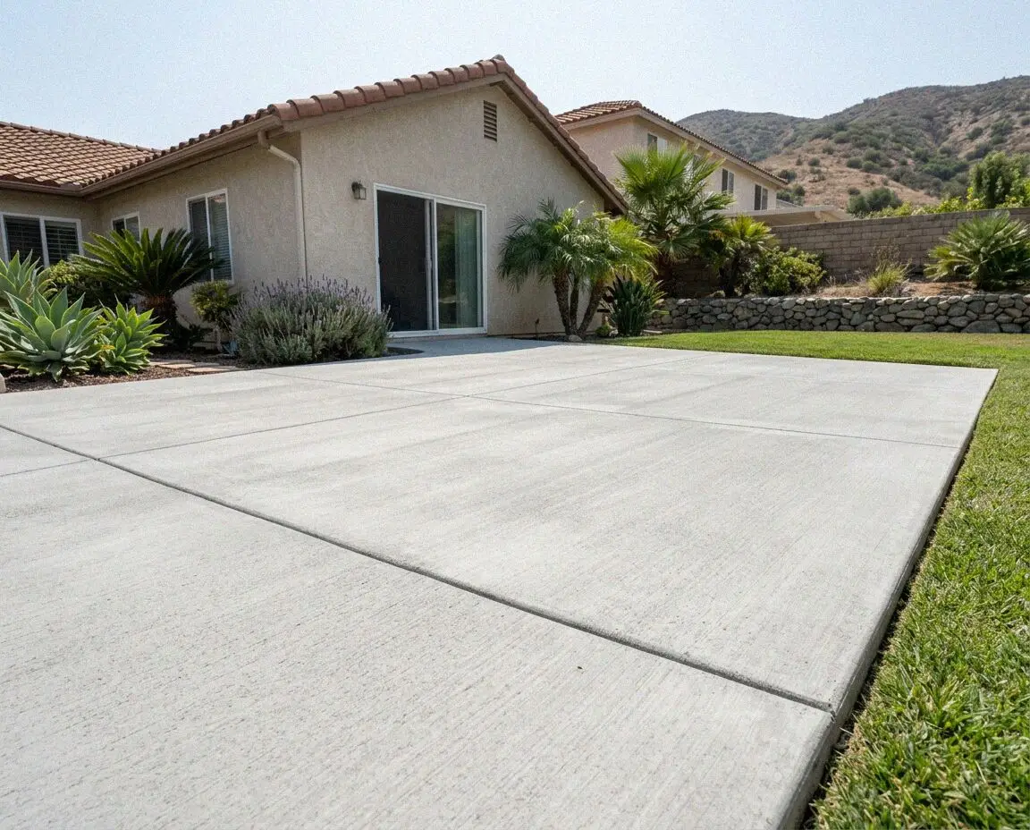 Pale broom-finish patio slab in a Fullerton, CA back garden