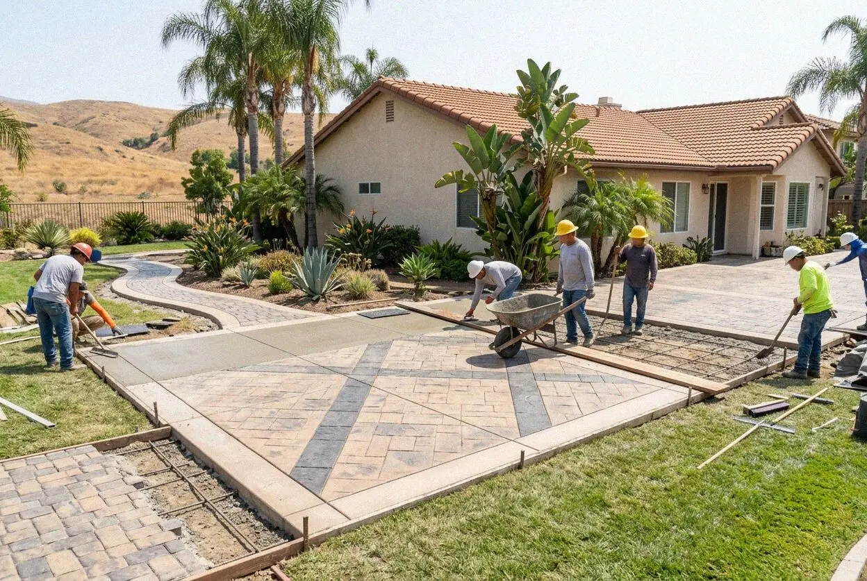 Concrete patio slab being placed in a Fullerton, CA back garden