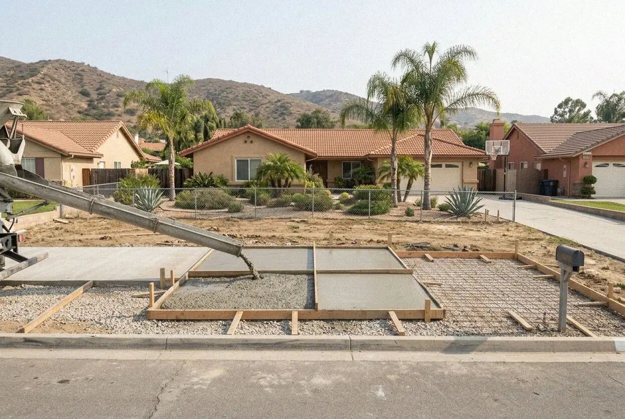 A concrete crew pouring a driveway at a 1960s house on a Placentia street