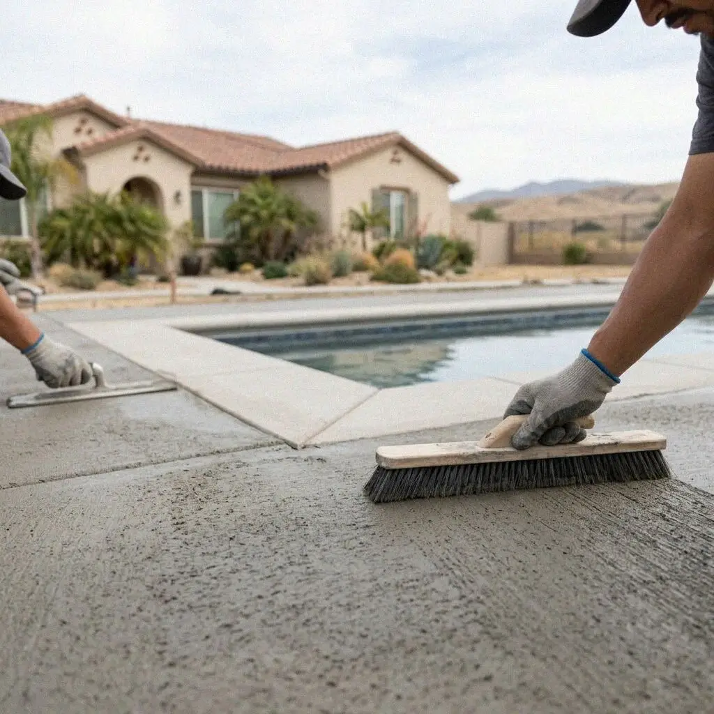 Hands sealing the joint between a new pool deck and coping in Fullerton