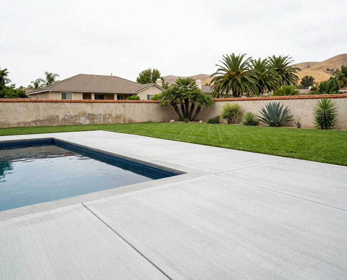 Broom-finished concrete pool deck wrapping a backyard pool in Fullerton