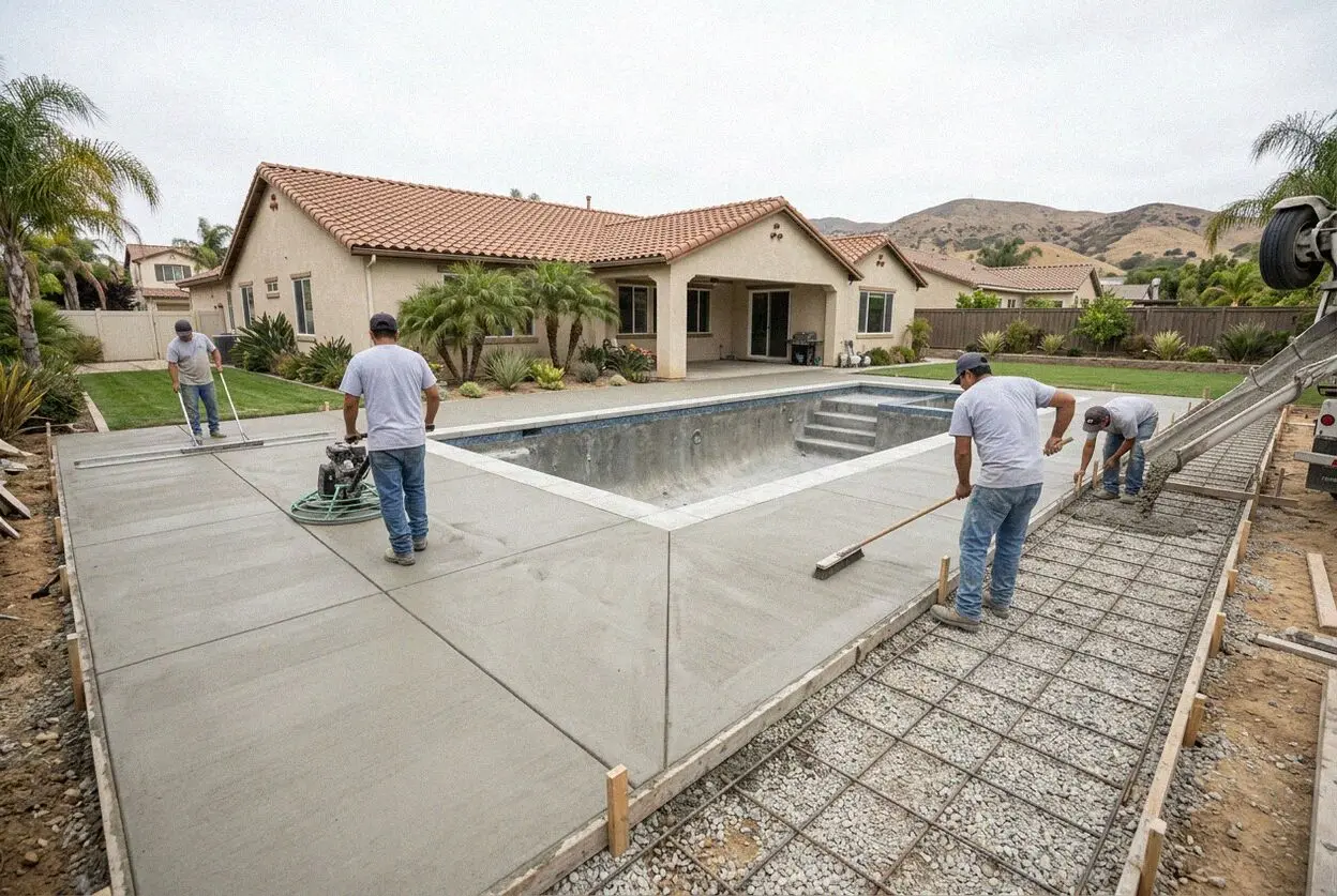 Crew screeding a new concrete pool deck round a backyard pool in Fullerton, CA