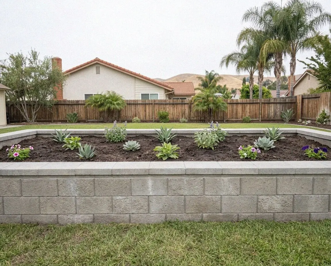 Finished concrete retaining wall behind a Fullerton, CA house
