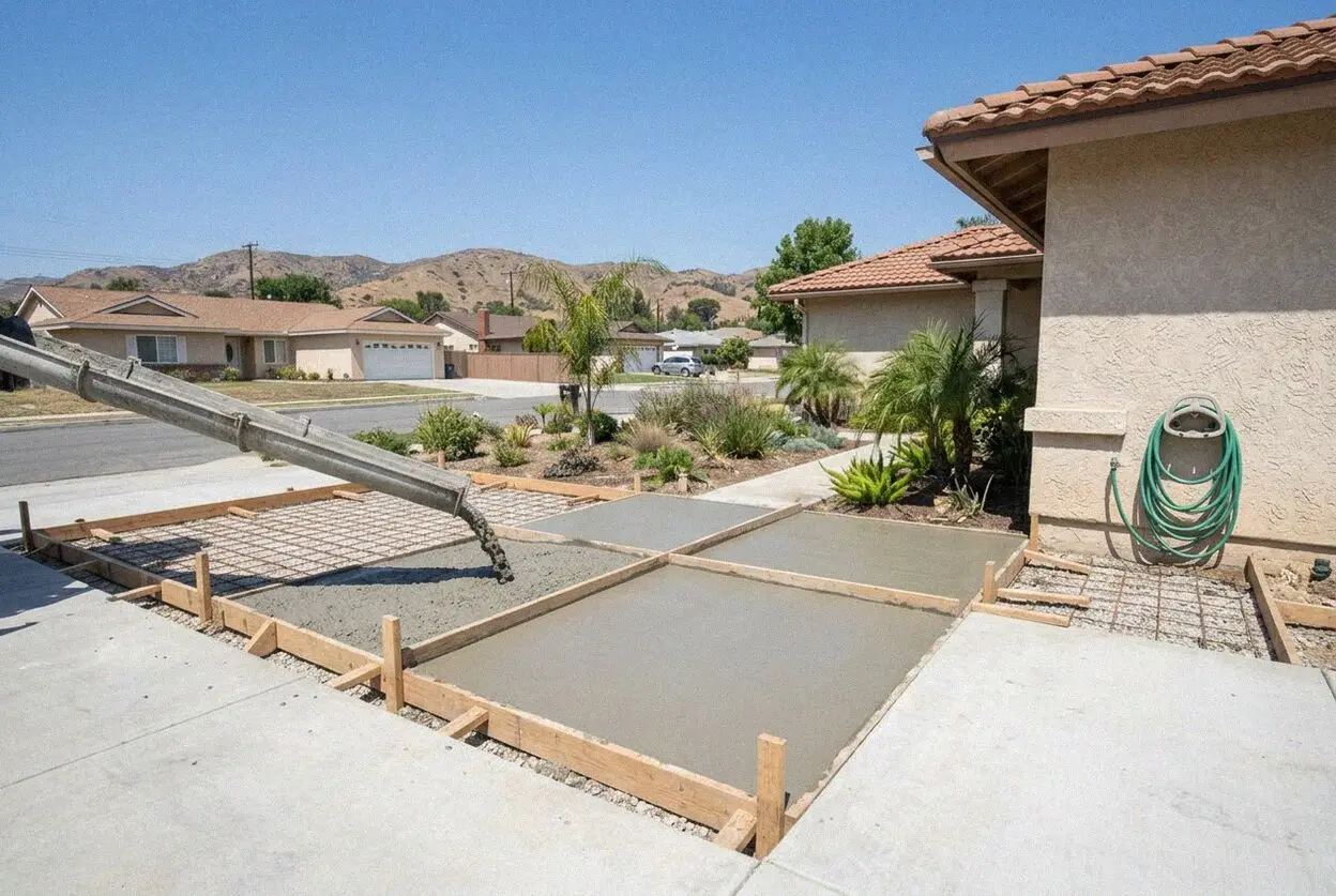 A thick new driveway at a 1950s house on a Santa Fe Springs street