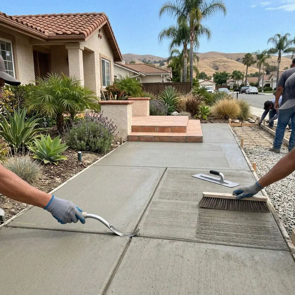 Crew forming a new sidewalk panel on a Fullerton parkway strip