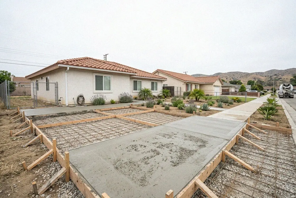 A new concrete driveway and side path at a small 1950s house in Stanton