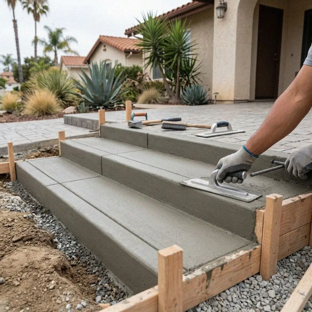 Hands striking off a fresh tread between riser boards in Fullerton