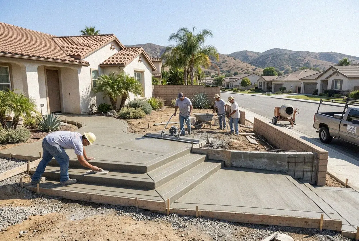 Setting riser forms for new concrete entry steps at a Fullerton, CA house