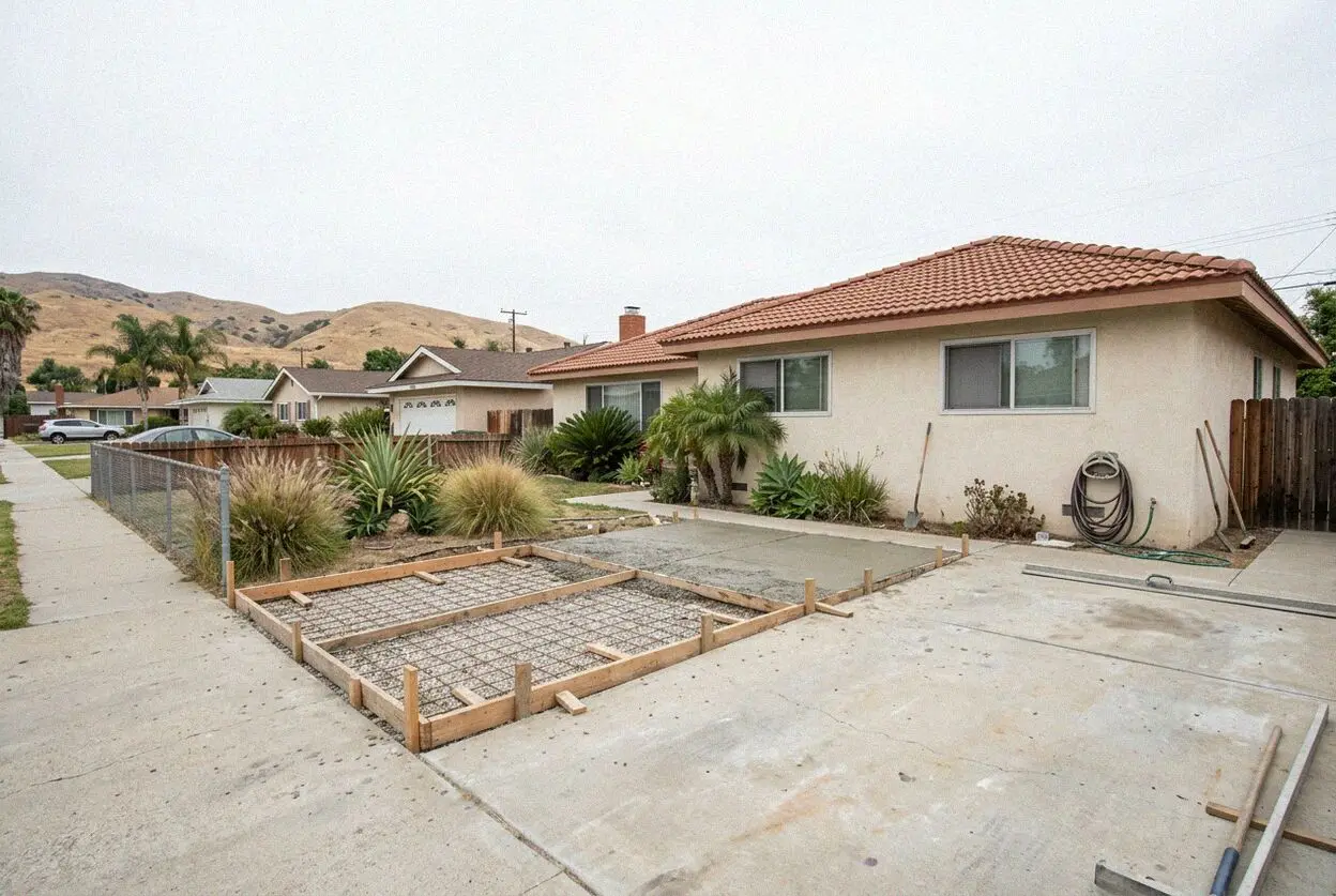A widened concrete driveway on a 1960s tract house in Westminster