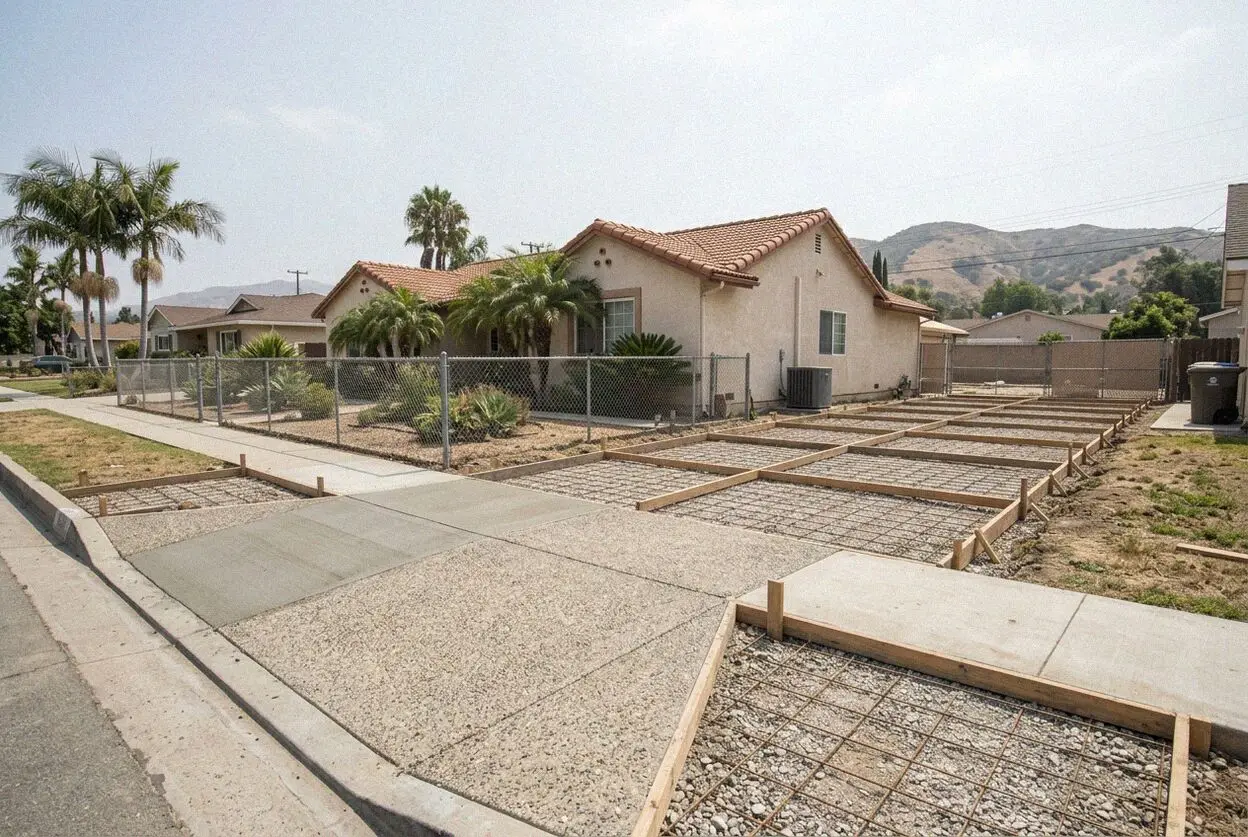 A new concrete driveway beside a 1920s bungalow in Uptown Whittier