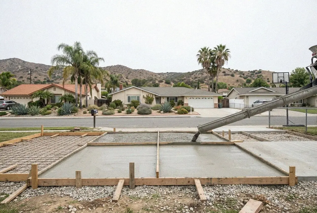 A new driveway and side pad on a wide Yorba Linda lot, the hills behind