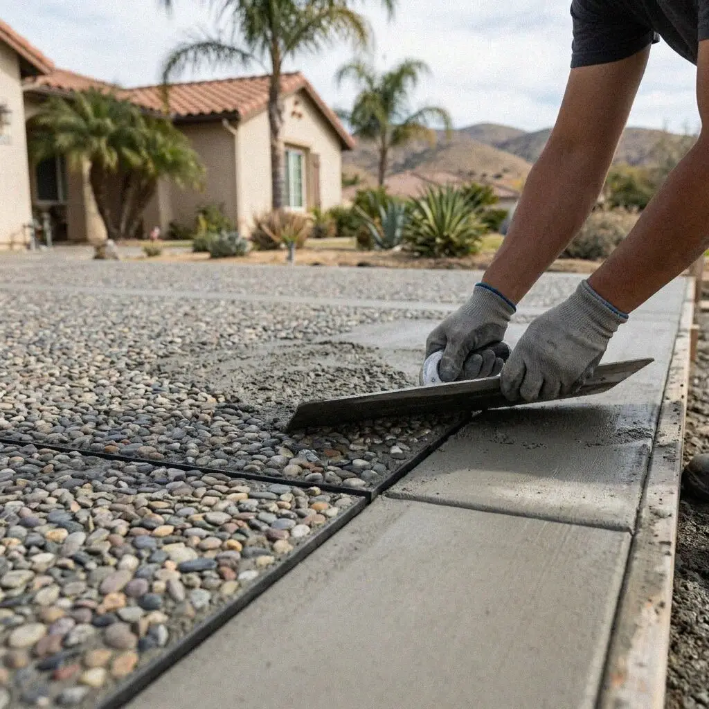Hose and broom exposing river stone in a fresh patio slab in Fullerton