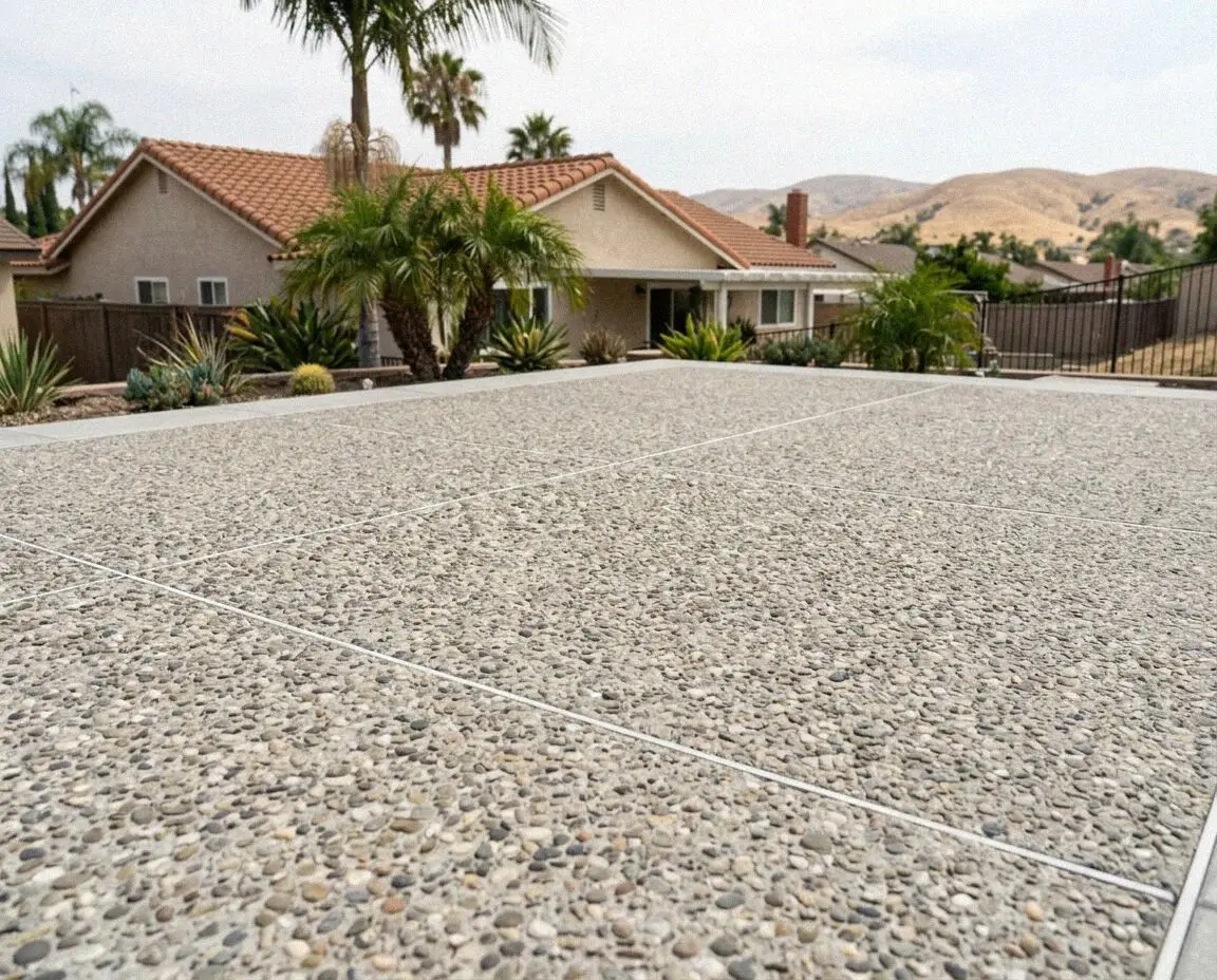 Exposed aggregate patio with a smooth banded border at a Fullerton home