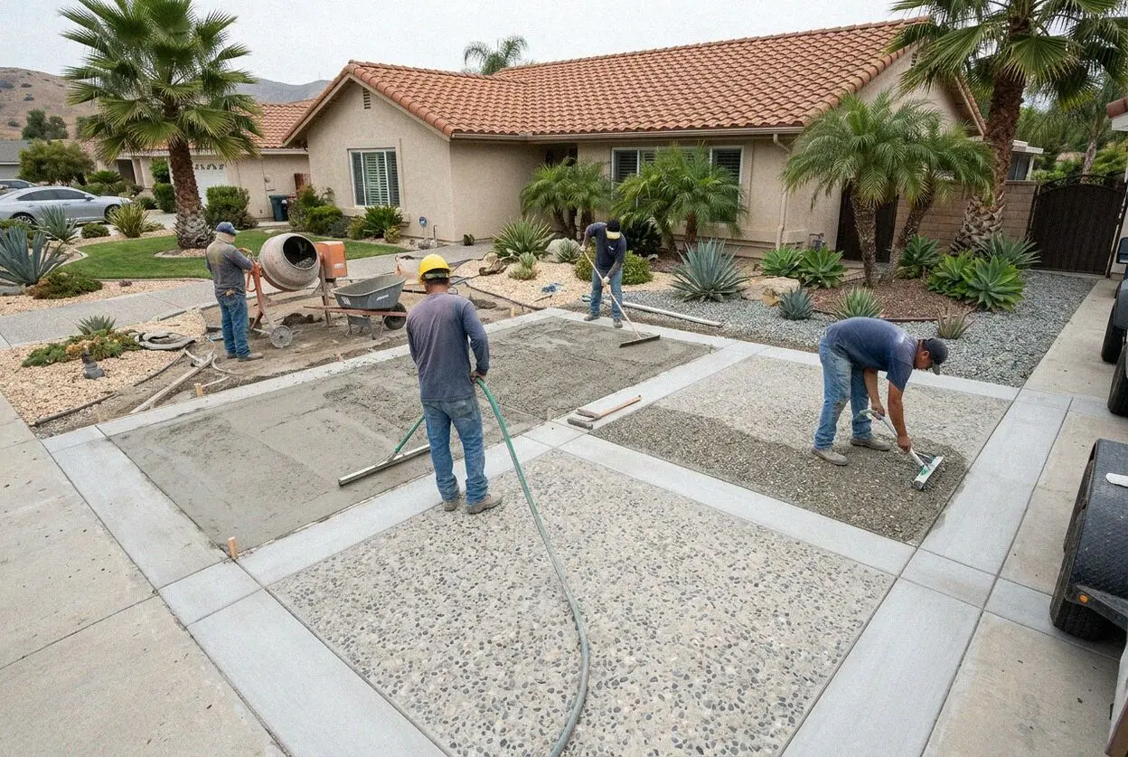 Crew washing exposed aggregate on a shaded front walk at a Fullerton, CA home
