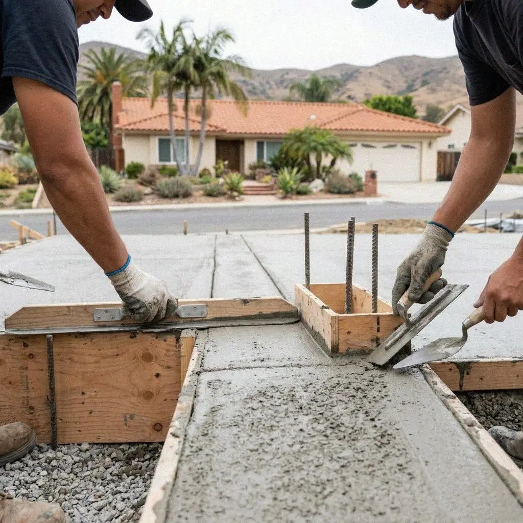 Hands setting anchor bolts into a fresh stem wall on a Fullerton lot