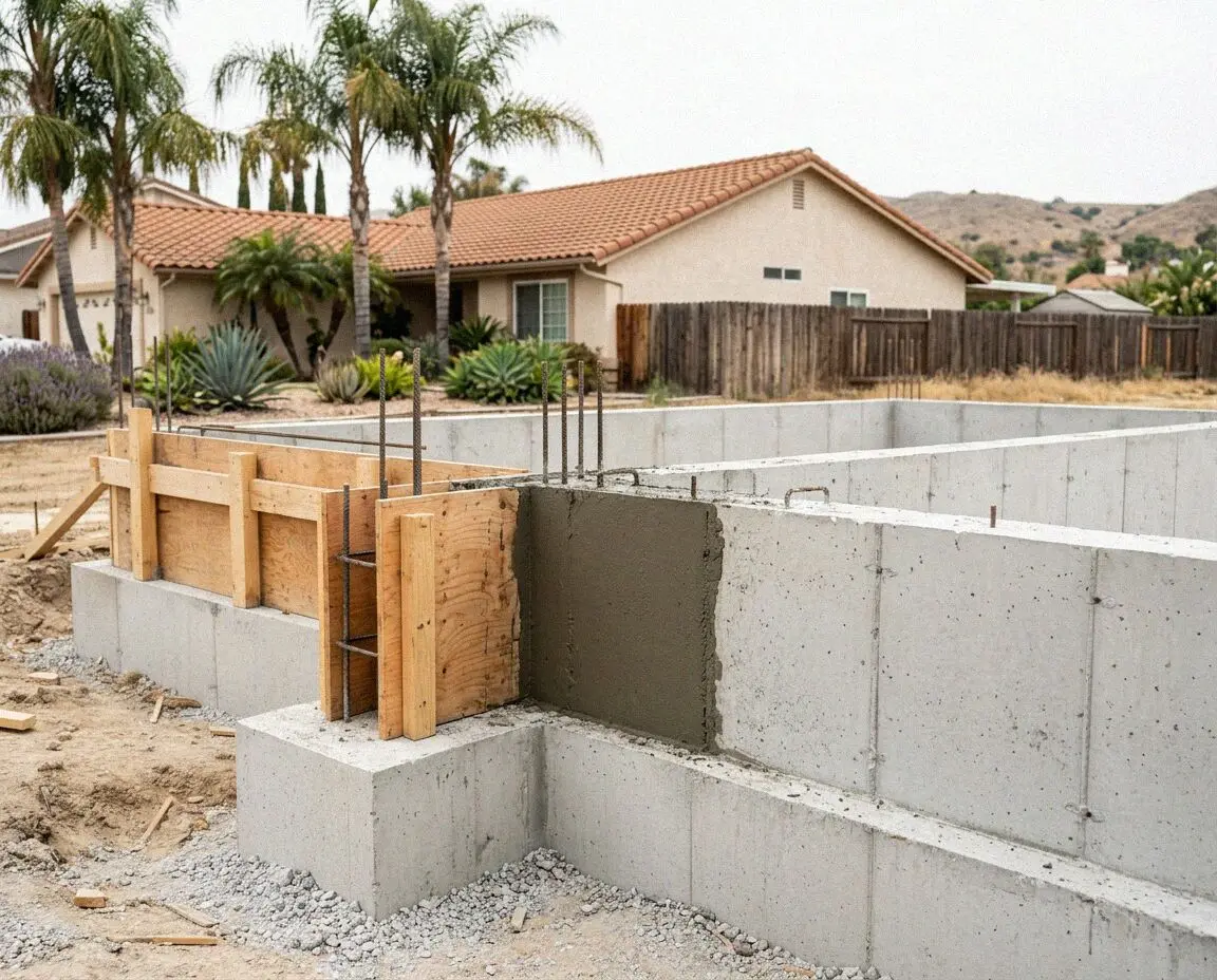 New concrete stem walls with formwork and rebar on a Fullerton lot