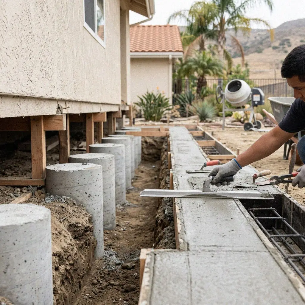 Hydraulic jack and pier bracket bolted to a house footing in Fullerton