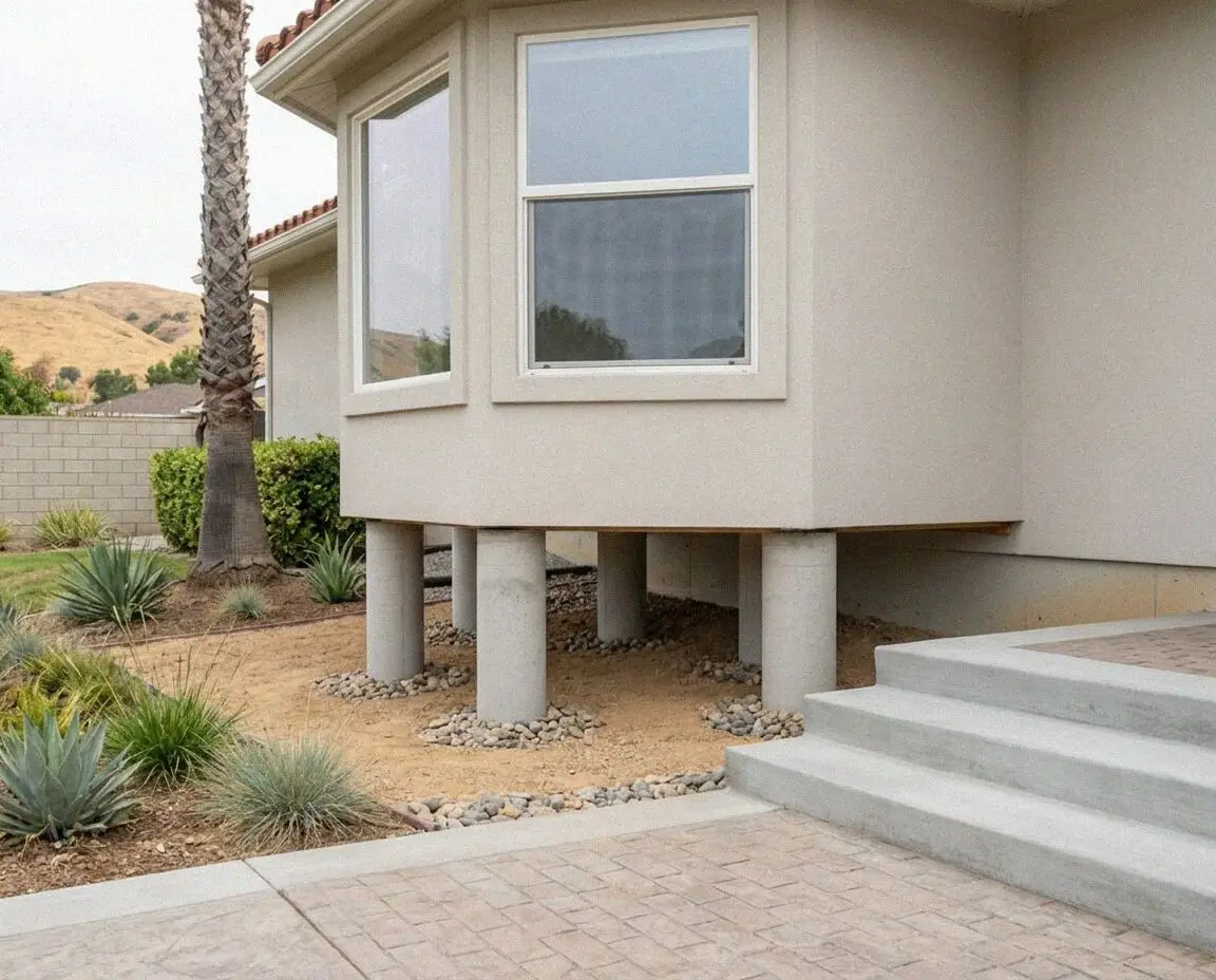 House corner carried on a row of steel piers in Fullerton, CA
