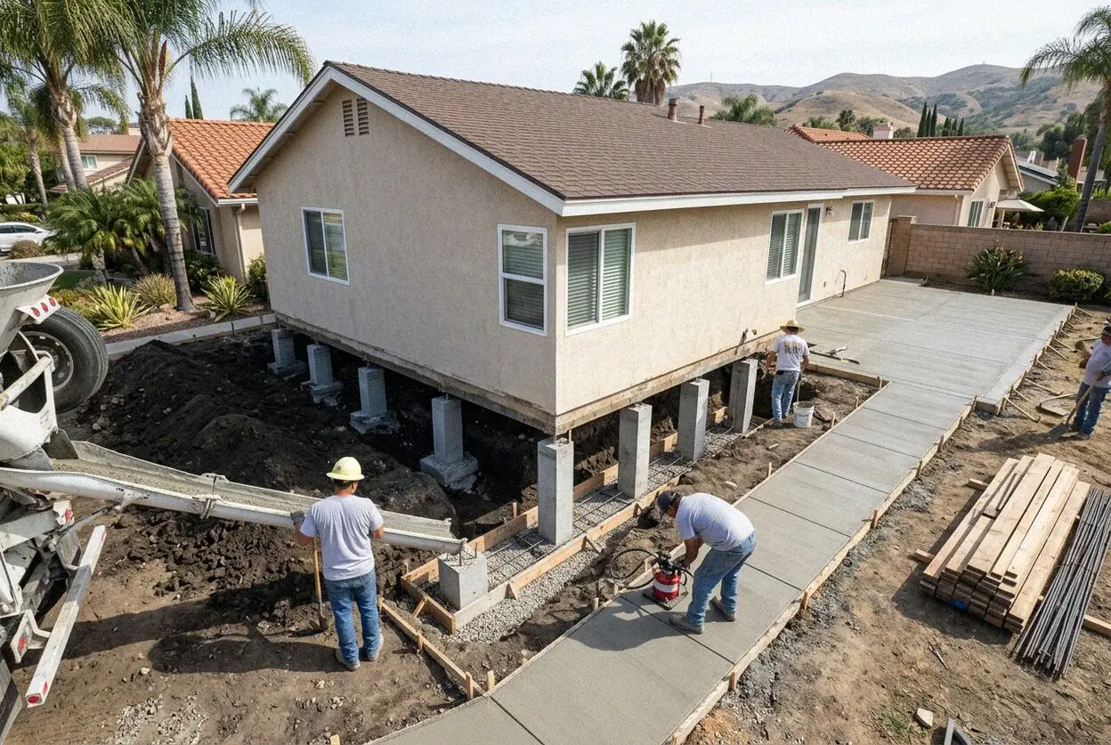 Steel pier being driven beside a settled house footing in Fullerton, CA