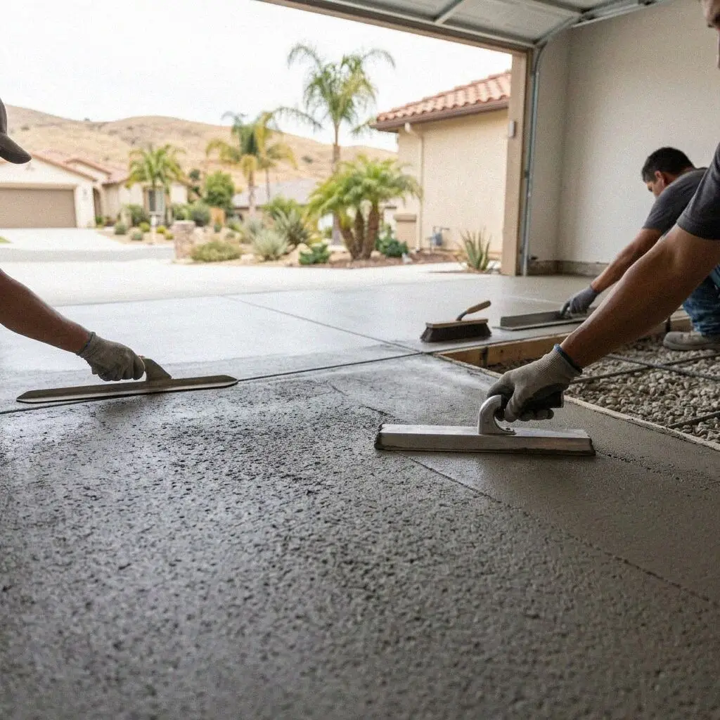 Finishers troweling a garage slab in a 1960s Fullerton tract house