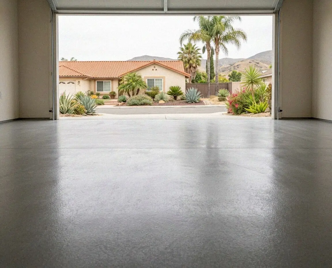 Repoured garage slab inside an attached Fullerton tract bay