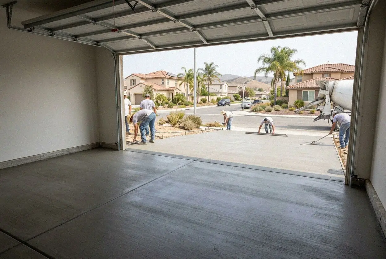 New garage floor slab poured inside an attached Fullerton tract bay